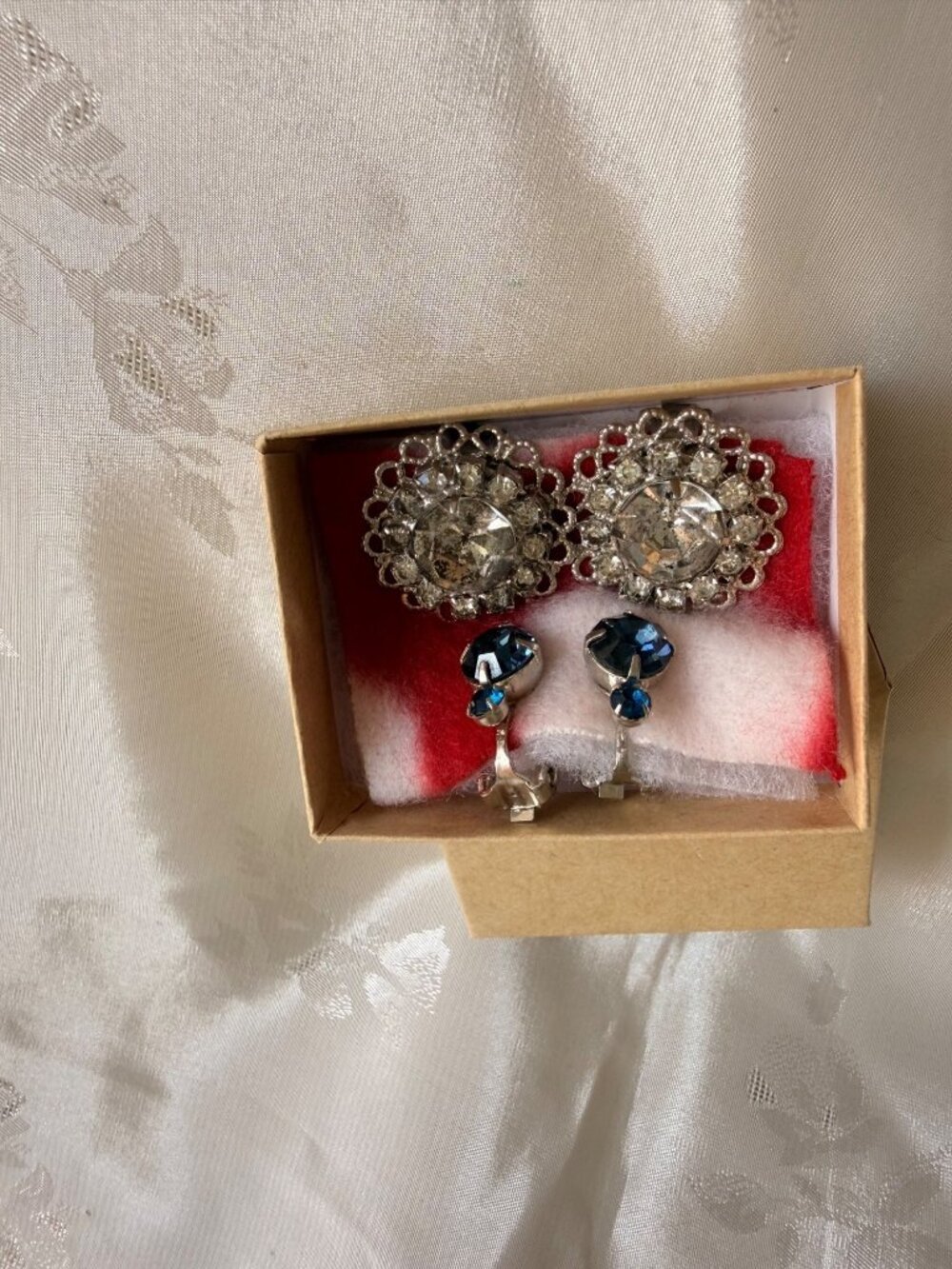 Vintage Clip Earrings - Set of 2 - Clear Faux Gem/Rhinestones & Blue Faux Gems